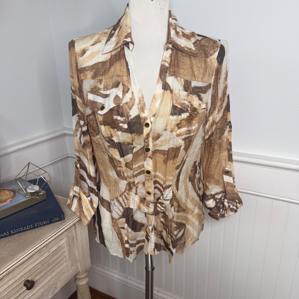 Cache Womens Medium Linen Blend Abstract Print Button Up Safari Blouse Brown Tan